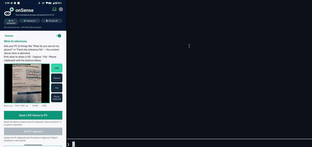 Left: phone live view. Right: PC CLI where Claude reads the phone's sensors and camera through onSense.